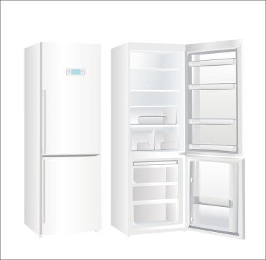 Boş beyaz buzdolabı ve bazı gıda - sebze, et, Balık türleri ile tam