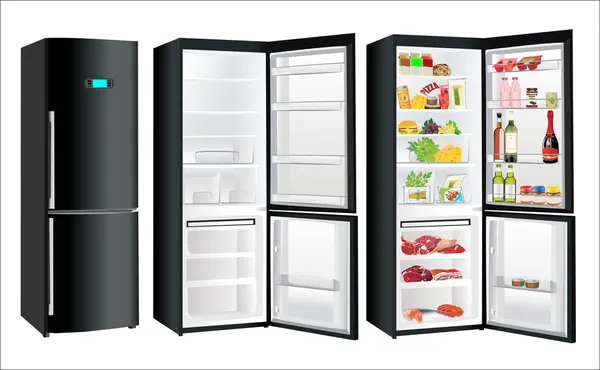 El refrigerador blanco vacío y lleno con algunos tipos de alimentos - hortalizas, carne, pescado — Archivo Imágenes Vectoriales