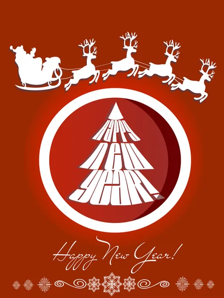 Cartão de felicitações de Natal. Cartão vermelho com bolas de Natal com árvore de Natal e Papai Noel dirigindo em um trenó — Vetor de Stock
