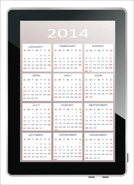 2014 kalender op het scherm van de tablet pc — Stockvector