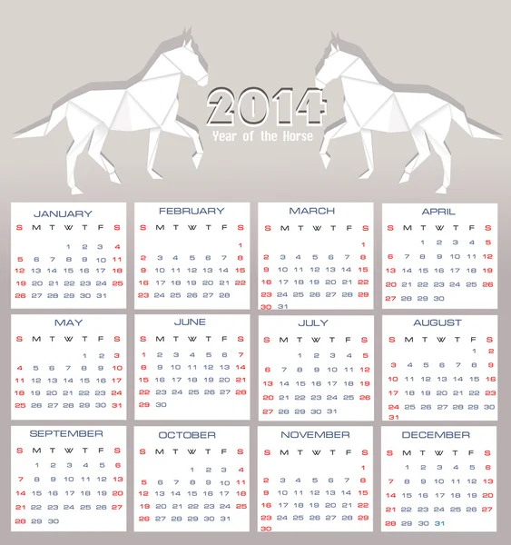 2014 年のカレンダー。折り紙の馬。新年あけましておめでとうございます 2014年!馬の年. — ストックベクタ