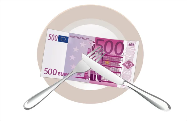 Vijfhonderd euro bankbiljetten op een plaat met mes en vork — Stockvector