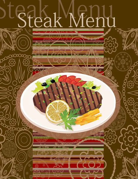 Biftek yemek listesi. kartı tasarım şablonu. — Stok Vektör