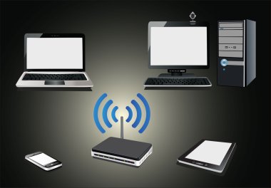 evde wifi ağ. bilgisayar, telefon, dizüstü ve tablet pc yönlendirici üzerinden İnternet.