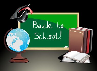 geri okul, blackboard tebeşir ve Küre ve kitaplar ile yazılı