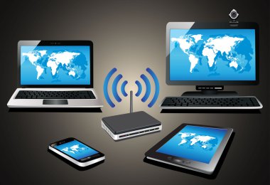 evde wifi ağ. bilgisayar, telefon, dizüstü ve tablet pc yönlendirici üzerinden İnternet.