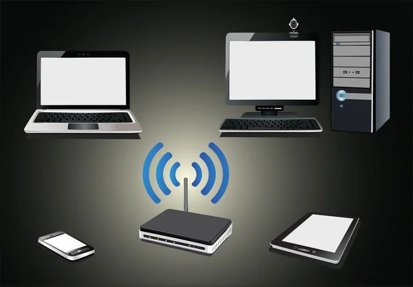 Домашний Wi-Fi. Интернет через маршрутизатор на ПК, телефоне, ноутбуке и планшетном ПК . — стоковый вектор