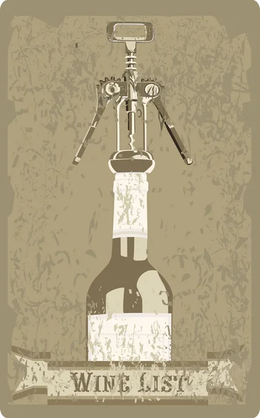Carte des vins vintage avec une bouteille avec le tire-bouchon — Image vectorielle
