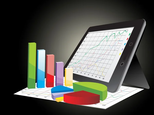 Realistischer Tablet-PC mit Tabellenkalkulation und Papier mit statistischen 3D-Diagrammen — Stockvektor