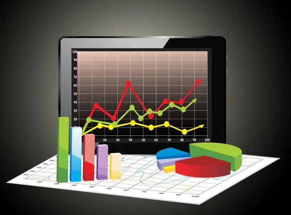 Computador realista tablet pc com planilha e um papel com gráficos estatísticos 3d — Vetor de Stock