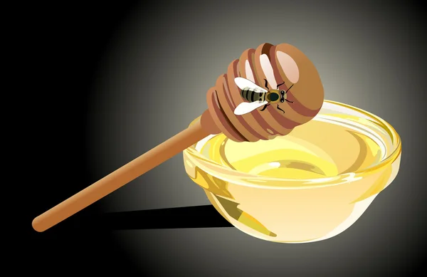 Miel dulce en cuenco de vidrio con palo de madera y abeja — Vector de stock