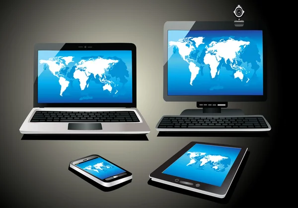 Cep telefonu, tablet pc, dizüstü bilgisayar ve bilgisayar. Dünya Haritası — Stok Vektör