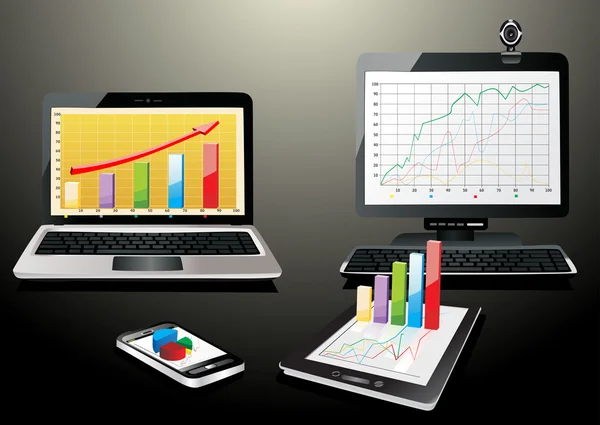 Computador, Laptop Tablet e telefone com gráfico de negócios. Conjunto de dispositivos de computador — Vetor de Stock