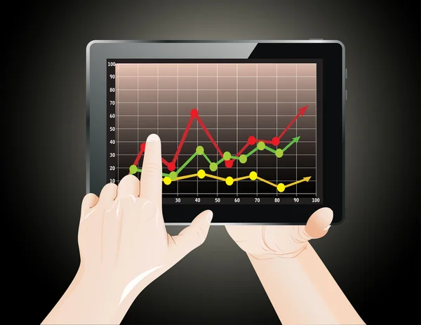 Tablet screen with graph and a hands. — Stock Vector