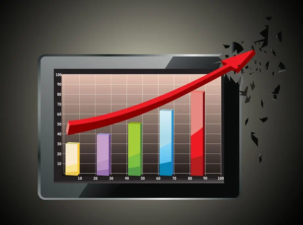 Realistic tablet pc computer profit concept, red arrow and business growth chart — Stock Vector