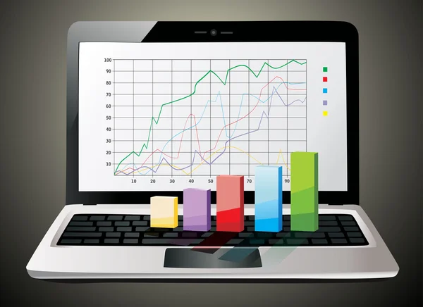 Ordinateur portable montrant une feuille de calcul avec quelques graphiques 3D dessus — Image vectorielle