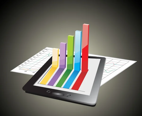 Computer tablet showing a spreadsheet with some 3d charts over it — Stock Vector