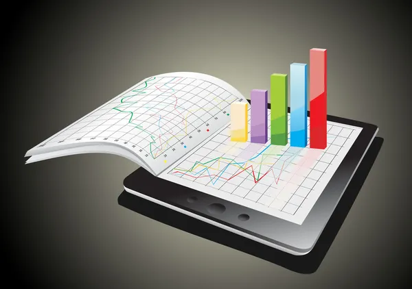Tablet mit Tabellenkalkulation und Papier mit statistischen 3D-Diagrammen — Stockvektor