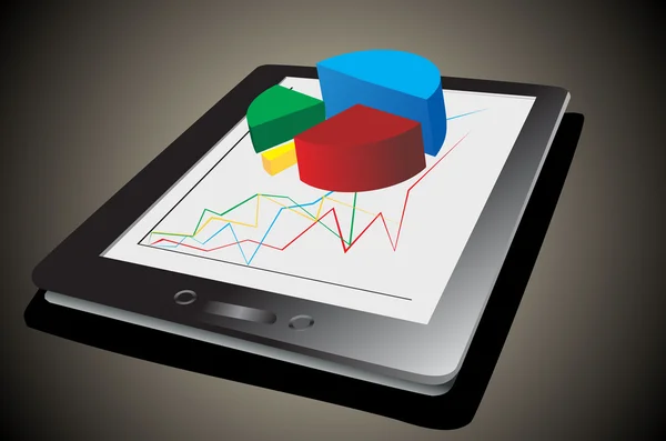 Computer tablet showing a spreadsheet with some 3d charts over it — Stock Vector