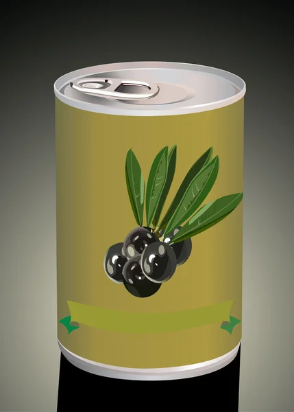 Aceitunas negras, rama de olivo negro y banco de aceitunas negras — Vector de stock