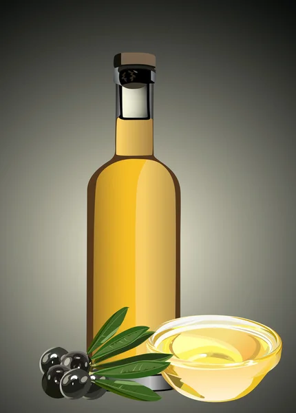 Ein Olivenölgießer und ein paar Oliven auf dem Zweig — Stockvektor