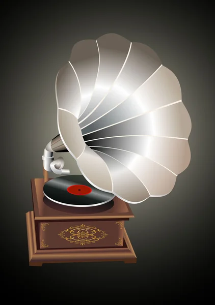 Retro old gramophone with horn speaker for playing music over plates — Stock Vector