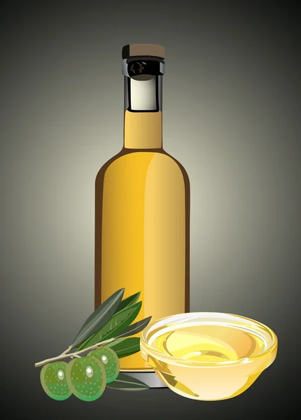 Oliwy z oliwek z dozownikiem i kilka oliwek na gałęzi — Wektor stockowy
