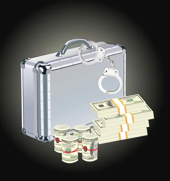 Aluminum case with money and handcuffs — Stock Vector