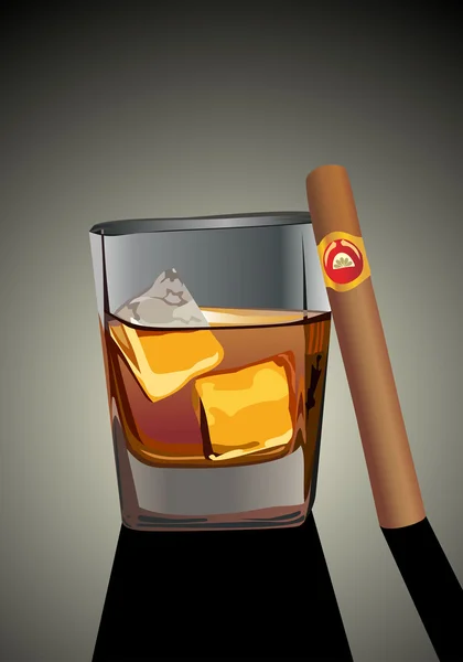 Whiskey with ice cubes and cigar — Stock Vector