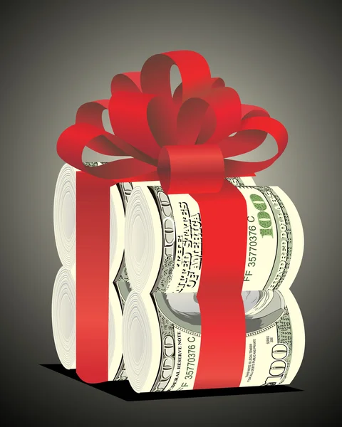 Rolls of money wrapped in red bow and ribbon — Stock vektor