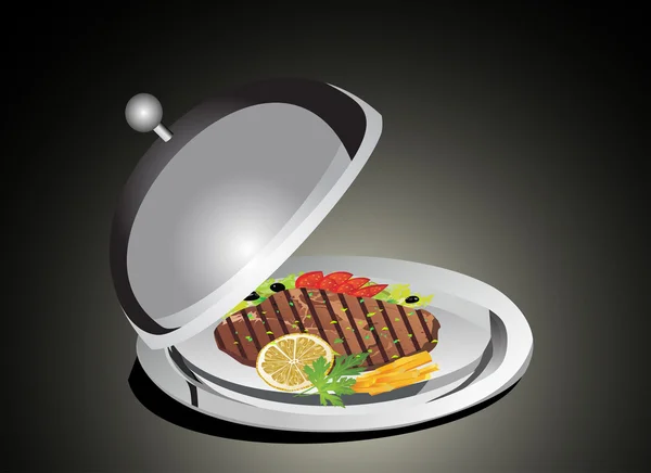 Steak panggang, kentang goreng dan sayuran di atas piring asin di bawah penutup makanan - Stok Vektor