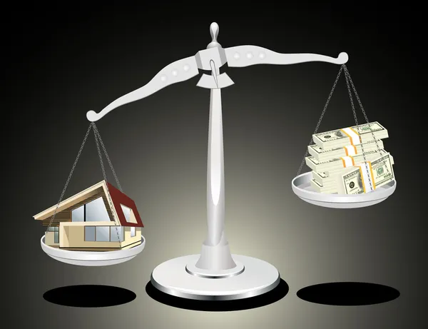 Klasyczny waga Sprawiedliwości z stosy pieniędzy i domu — Wektor stockowy