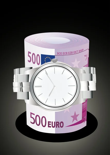 Relógio de pulso enrolado em torno de um rolo de notas de 500 euros — Vetor de Stock