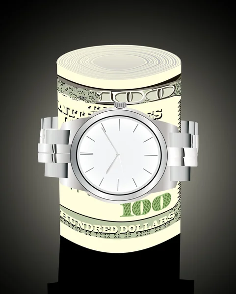 Ρολόι χειρός τυλιγμένο γύρω από ένα ρολό 100 μας Δολάριο τραπεζογραμματίων — Διανυσματικό Αρχείο