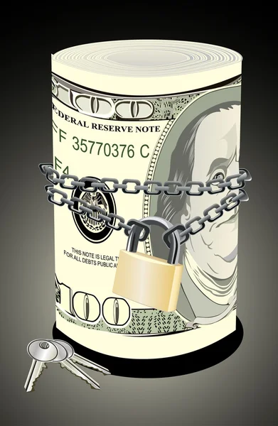 Roll van 100 dollar geketend en vergrendeld — Stockvector