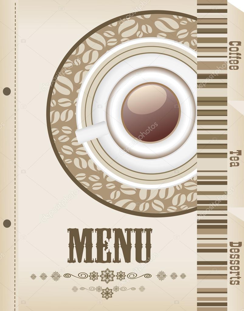 Menu with cup of coffee and grains for coffeehouse, restaurant, cafe, bar