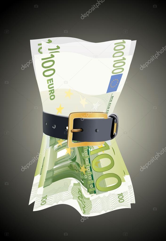 100 euro notes squeezed by leather belt