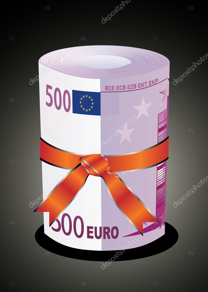 500 euro money in a red ribbon with a gift bow.