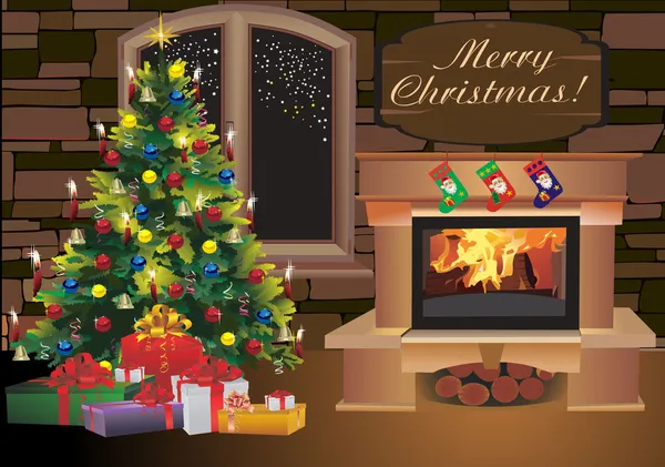 크리스마스 트리 선물 및 화재 현장 — 스톡 벡터