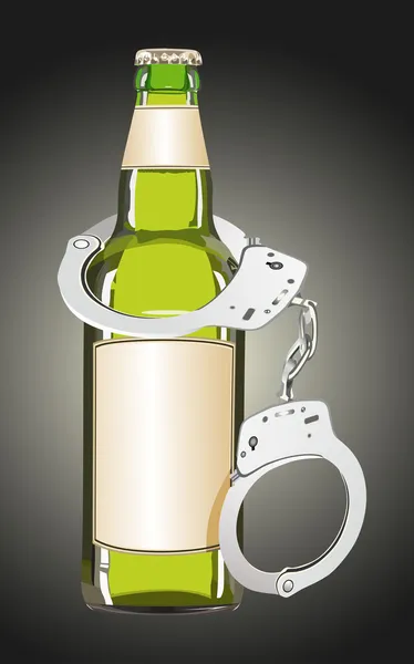 Alcoholism concept, bottle and handcuffs — Stock Vector