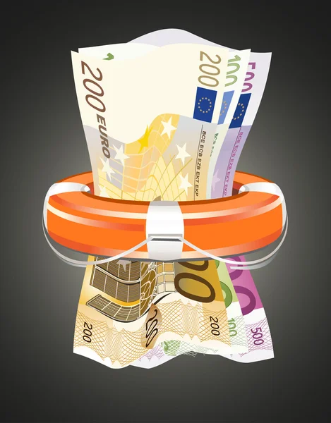 Een reddingsboei gevuld met geld, symboliseert financiële steun — Stockvector