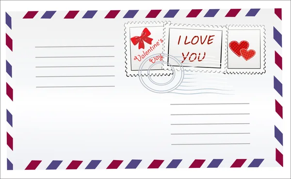 Busta postale con cuori, timbro e timbro postale . — Vettoriale Stock