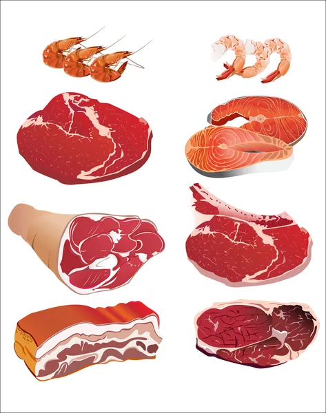 Set of fresh meat, fish and seafood — Stock Illustration Set of fresh meat, fish and seafood Stock Illustration