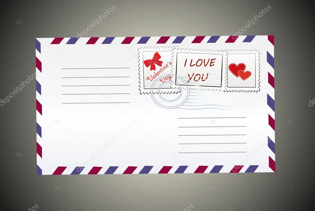 Postal envelope with hearts, mark and postmarked.