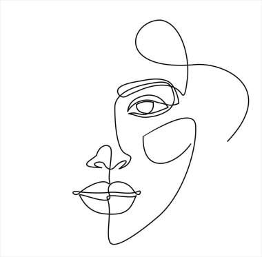 Güzel bir kadın yüzü beyaz arka planda izole edilmiş. Sürekli bir çizgi çiziyor.