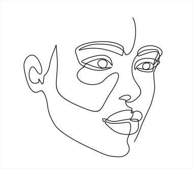 Güzel bir kadın yüzü beyaz arka planda izole edilmiş. Sürekli bir çizgi çiziyor.