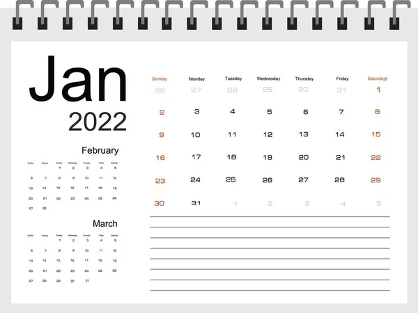 Kalender Voor Januari 2022 Vectorillustratie — Stockvector