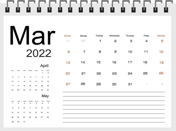 Kalender Voor Maart 2022 Vectorillustratie — Stockvector