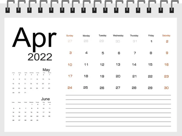 Nisan 2022 Vektör Illüstrasyonu Takvimi — Stok Vektör