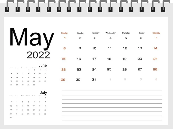 Calendario Para Mayo 2022 Vector Ilustración — Vector de stock